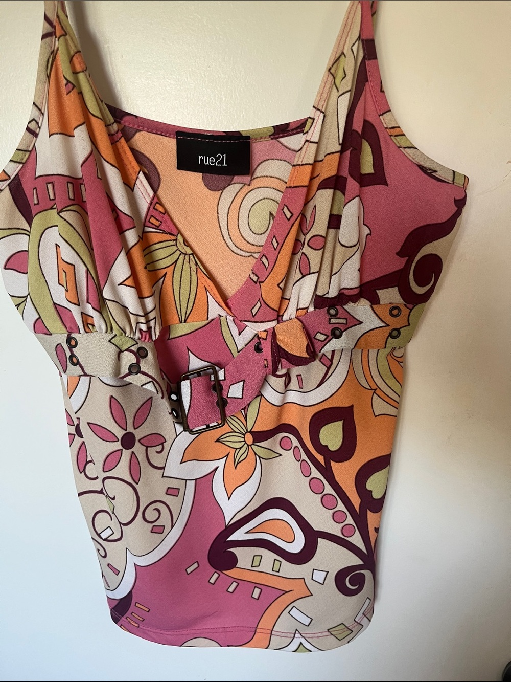 Rue21 Pink & Orange Paisley sweethearts poly Spaghetti Strap crop Top w/ buckle